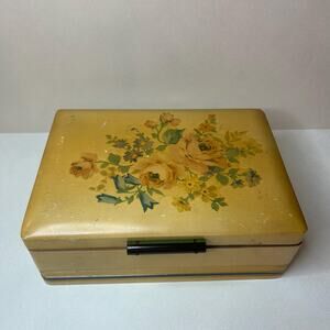 Vintage Art Deco Yellow Floral Wood Vanity Box with Bakelite Handle & Mirror